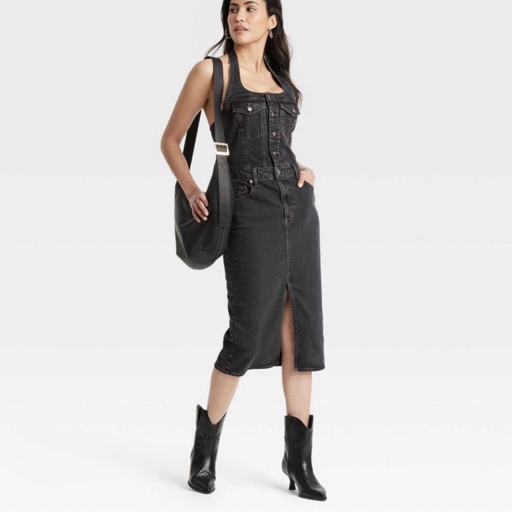 Women's Denim MIDI Dress - Universal Thread Black Wash: Sleeveless Halter - Picture 1 of 3